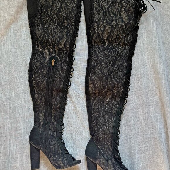 Sexy black lace thigh high heeled open toe boots for summer - Size 6 - Picture 2 of 3